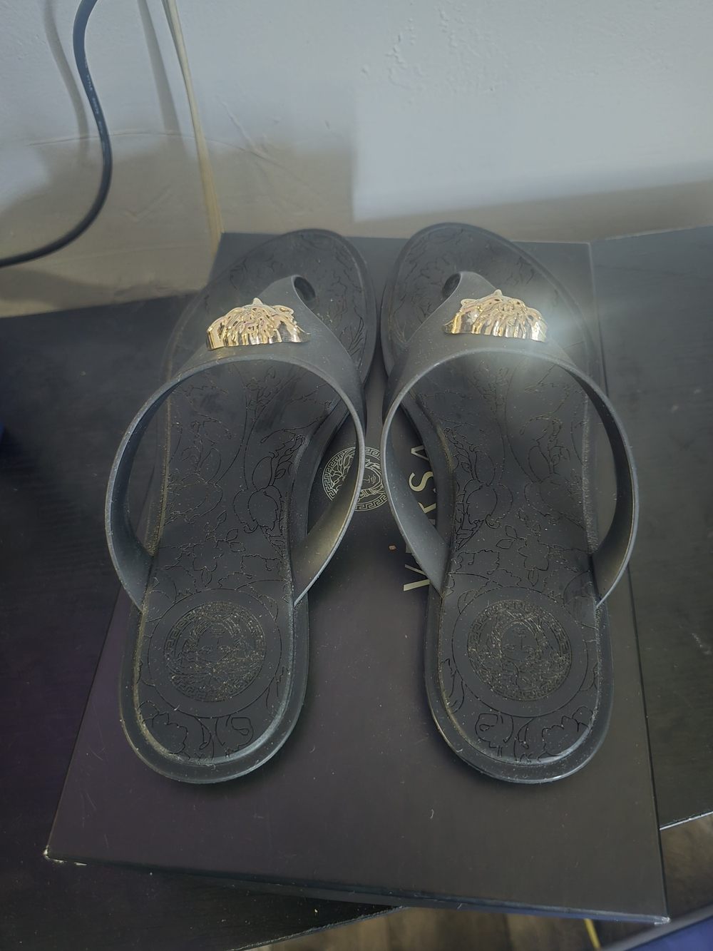 Versace Black Medusa Thong Sandals with Gold Emblem - Picture 3 of 6
